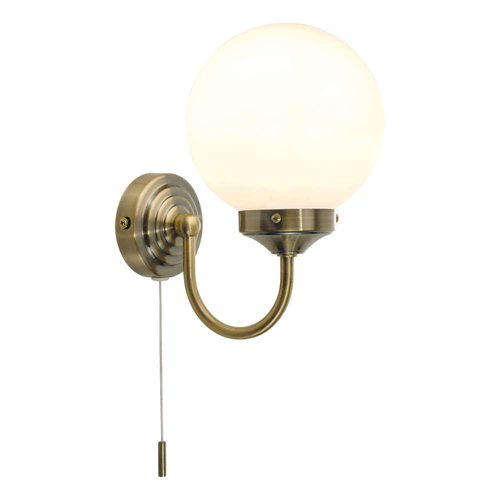 där Barclay Bathroom Wall Light Antique Brass Opal Glass IP44