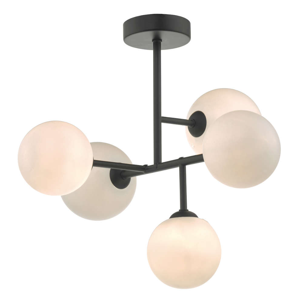 där Euan 5 Light Semi Flush Matt Black Opal Glass