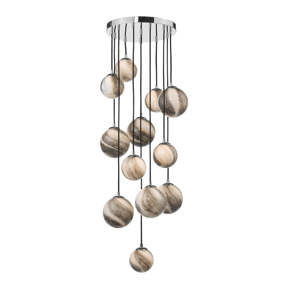 där Mikara Pendant 12 Light Cluster Marble Effect Glass Polished Chrome