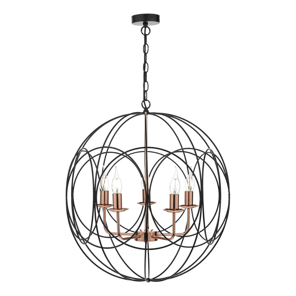 där Phoenix 5 Light Pendant Matt Black Polished Copper