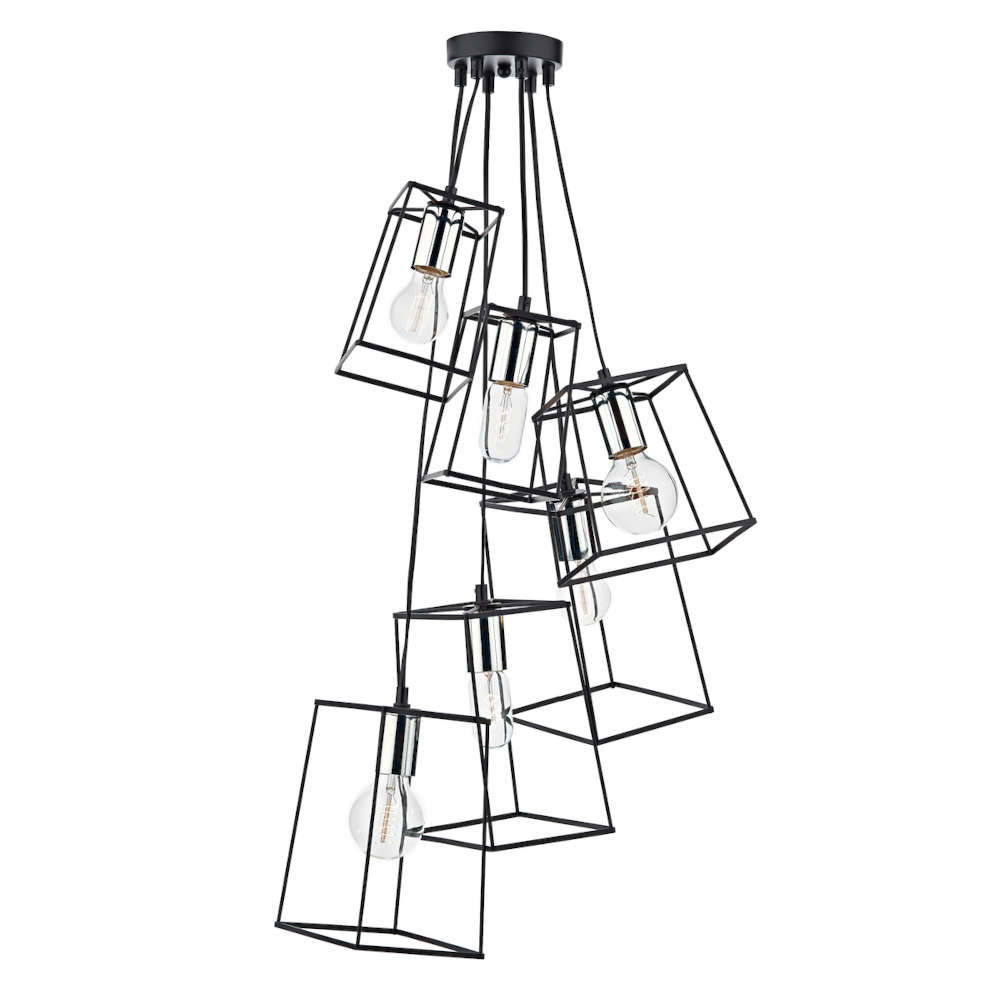 där Tower 6 Light Cluster Pendant Black Polished Chrome