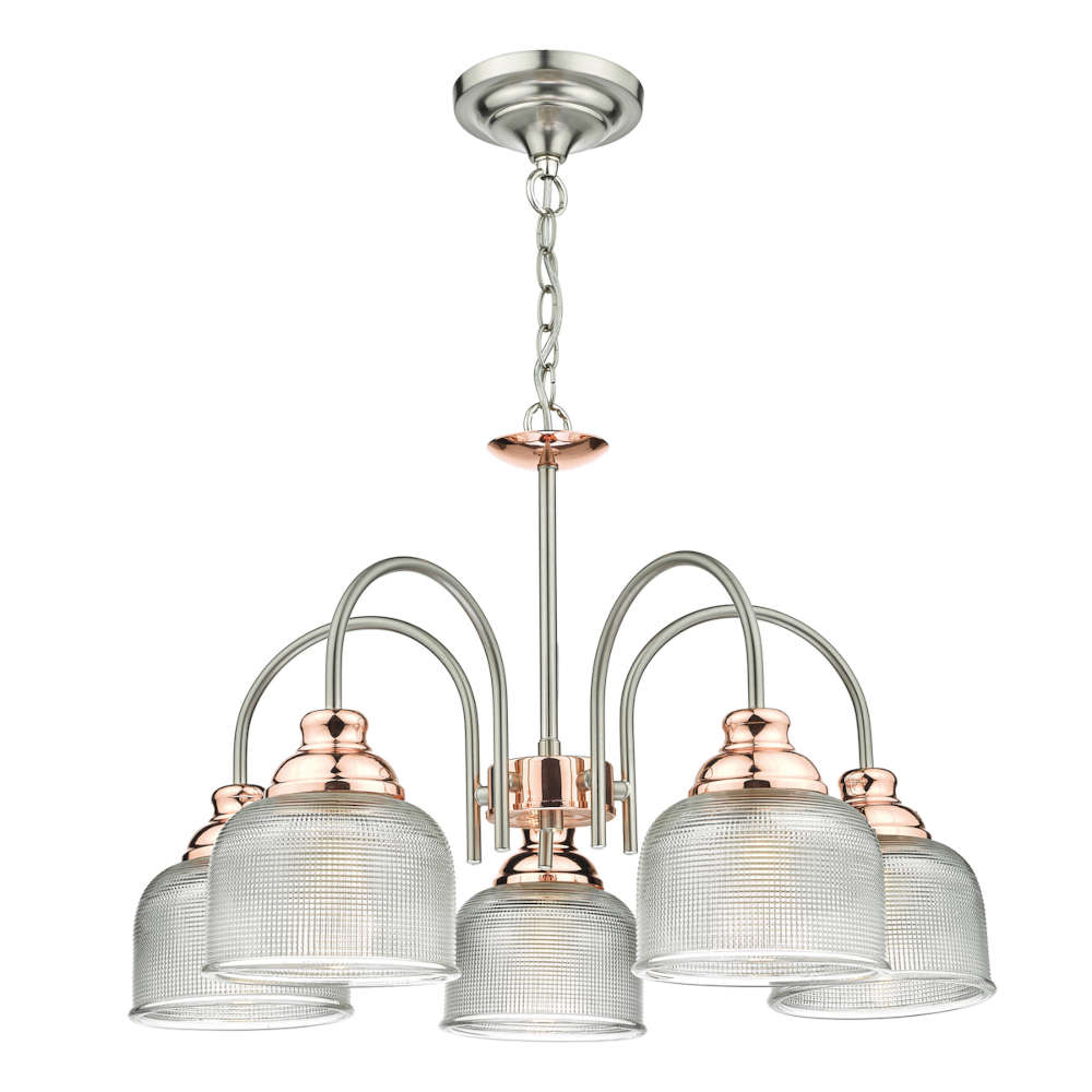 där Wharfdale 5 Light Pendant Satin Chrome Copper