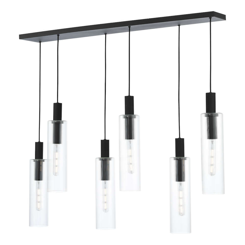 där Ruben 6 Light Bar Pendant Satin Black And Ribbed Glass