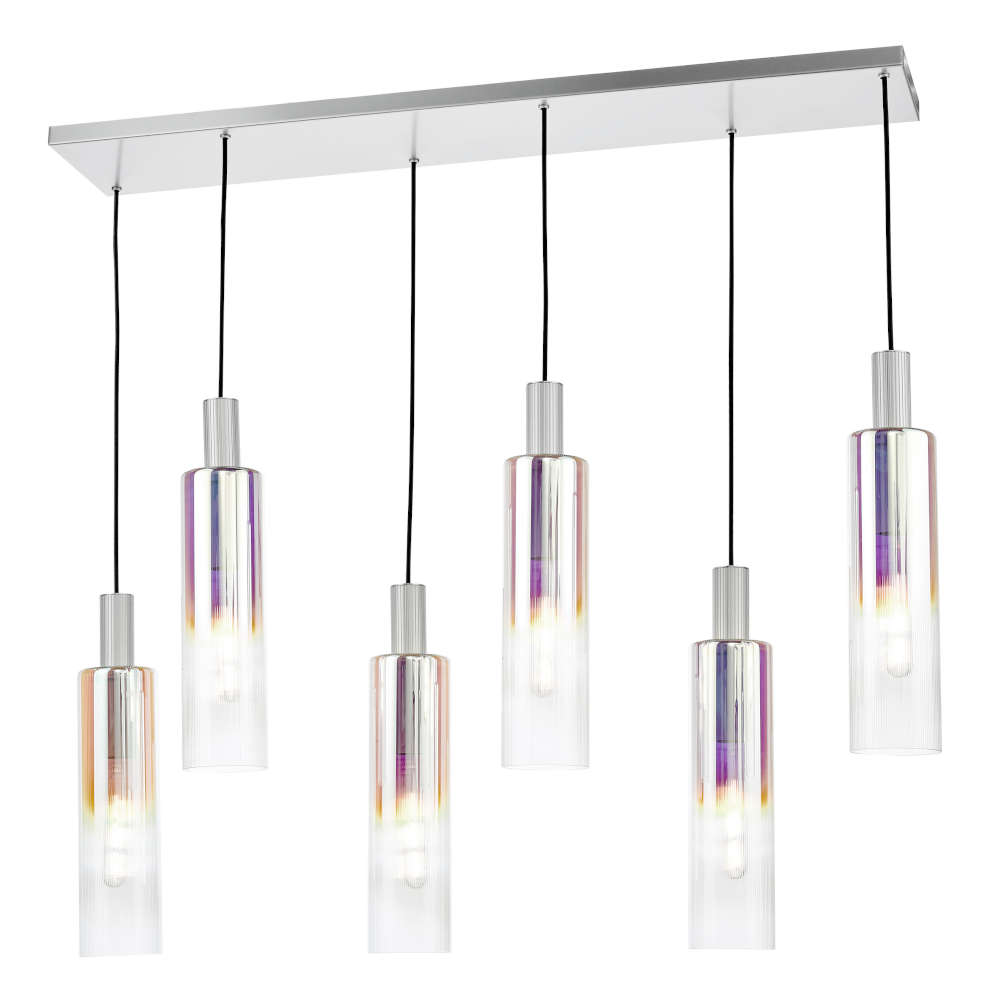 där Ruben 6 Light Bar Pendant Satin Silver And Ribbed Iridised Glass