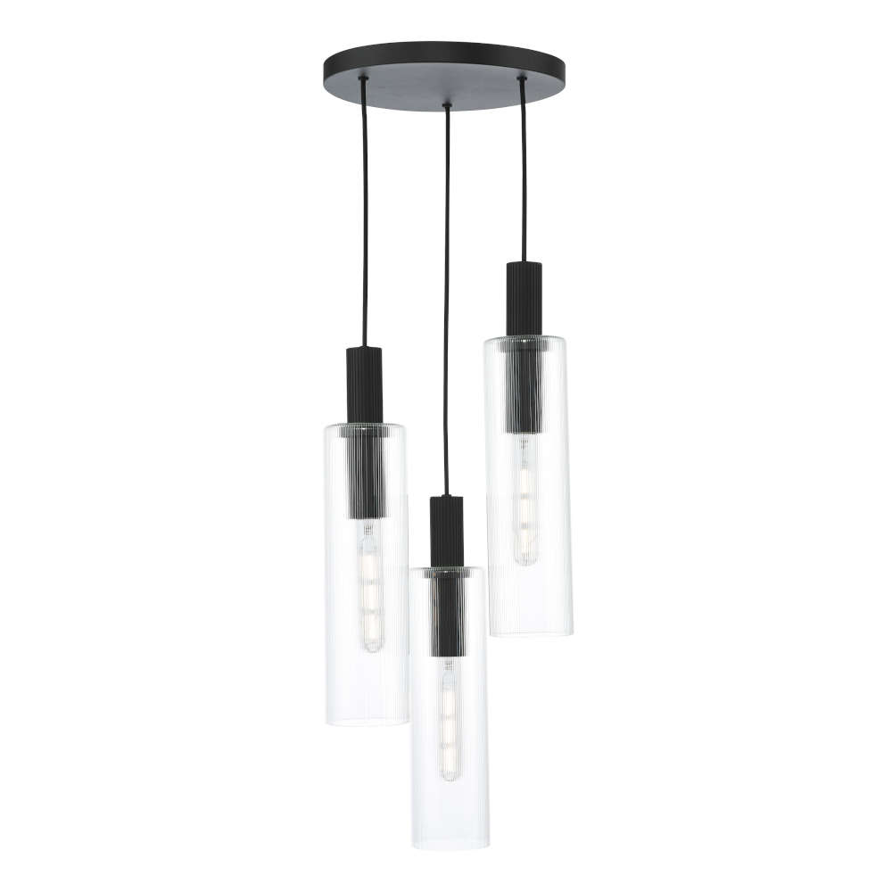 där Ruben 3 Light Cluster Pendant Satin Black And Ribbed Glass