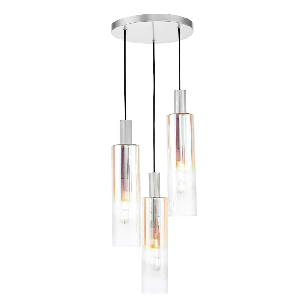 där Ruben 3 Light Cluster Pendant Satin Silver And Ribbed Iridised Glass